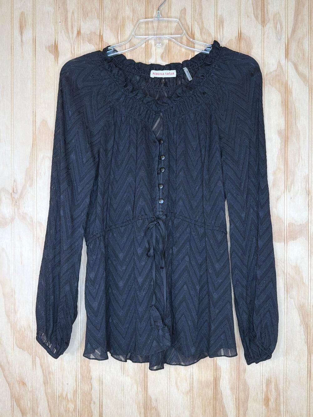 Rebecca Taylor Black Chevron Semi Sheer Drawstring Blouse Size 6 Travel Evening
